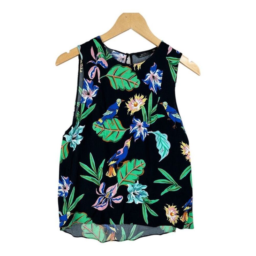 Zara Floral‎ Print Sleeveless Blouse Tropical Birds Casual Top Size M